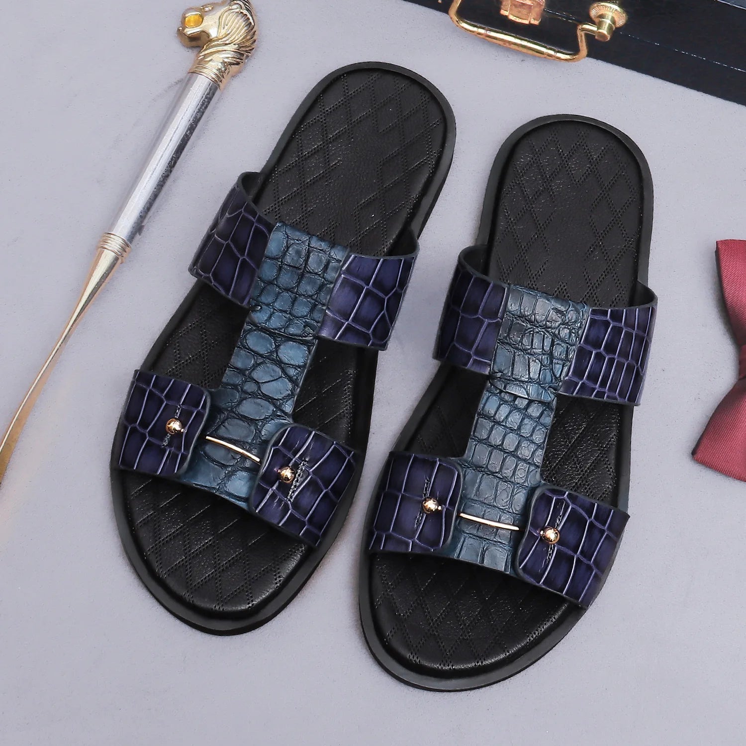 Premium Men’s Leather Slide Sandals – Croc Print