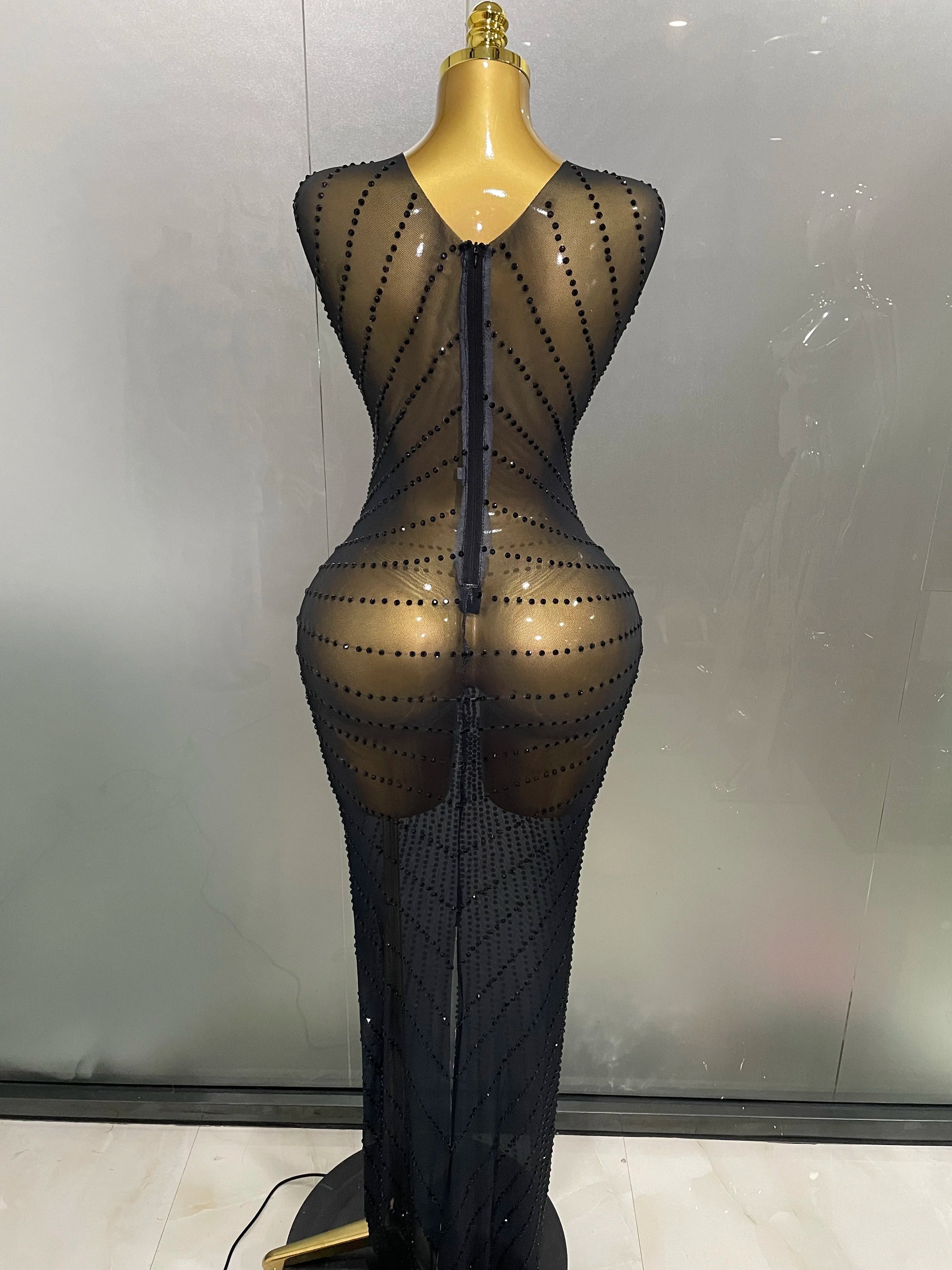 Stock Sparkly Rhinestone Sleeveless Sheer Long Dress – Women’s Party & Stagewear