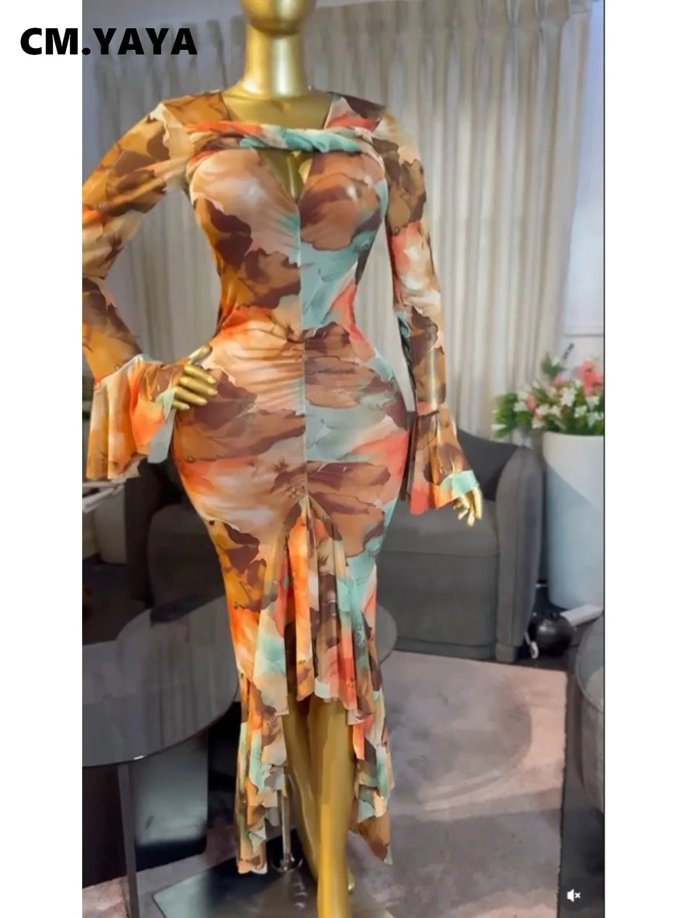 Tie-Dye V-Neck Flare Sleeve Mesh Dress
