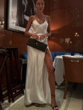 White Satin Backless Slit Mini Dress