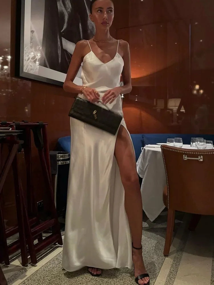 White Satin Backless Slit Mini Dress