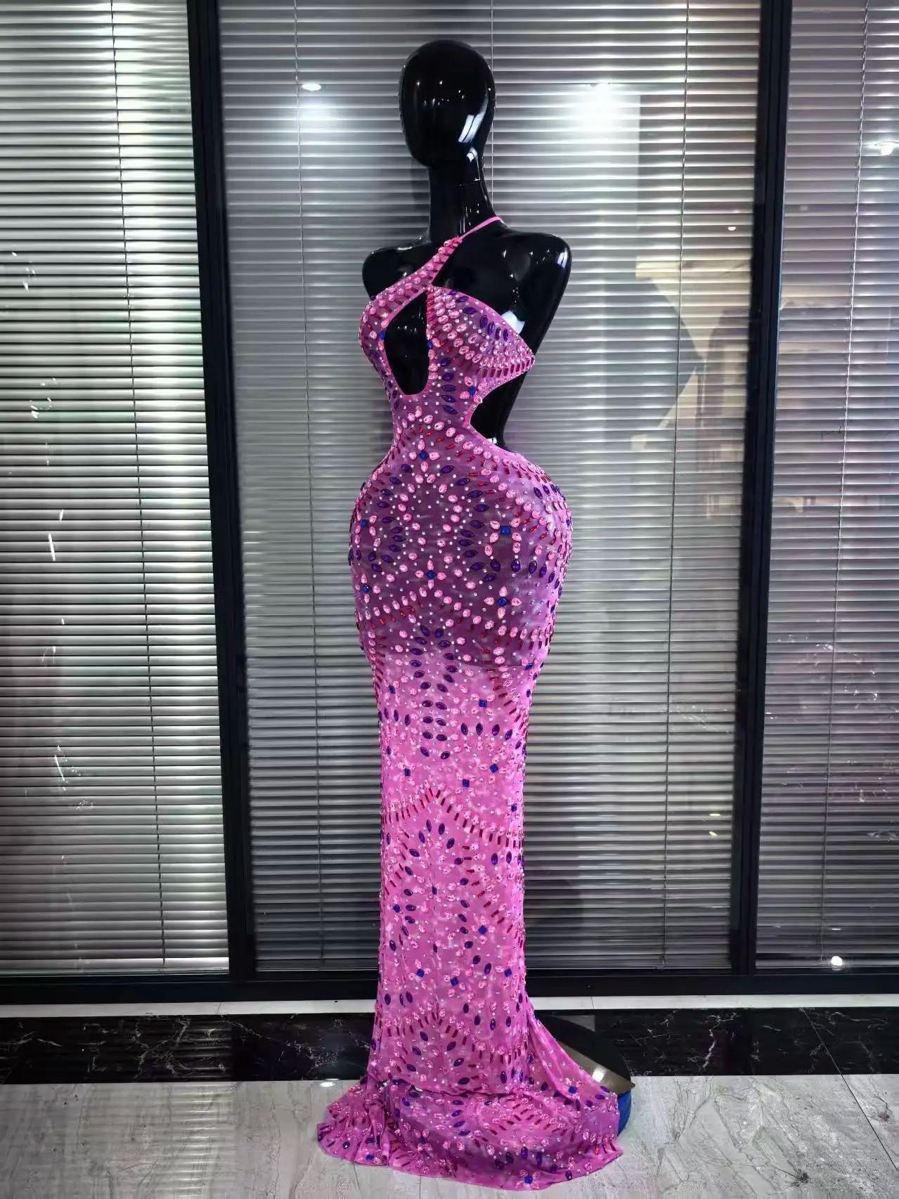 Pink Halter Backless Mesh Mermaid Dress