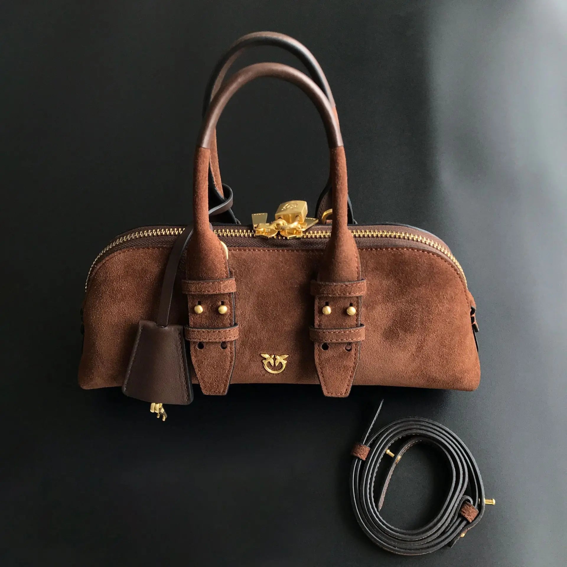 Luxury Pinko-Inspired Leather Swallow Bowling Bag