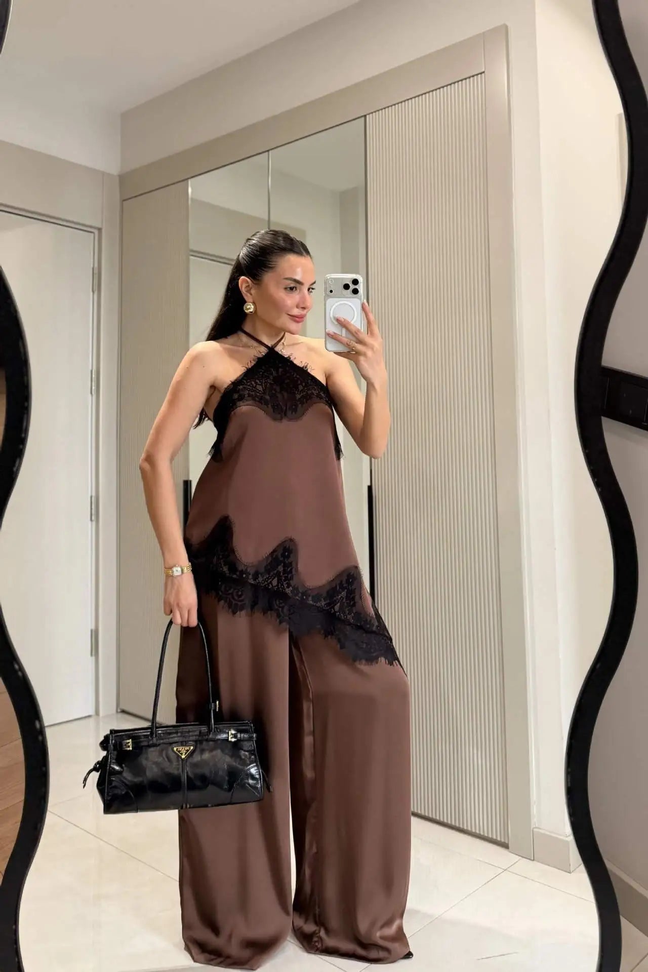 2-Piece Satin Halter Set: Asymmetric Lace Top & Wide-Leg Pants