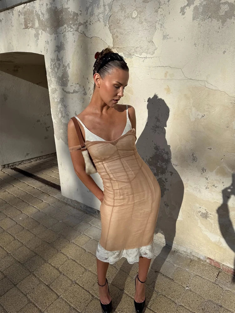 Sexy Sheer Mesh Overlay Midi Dress