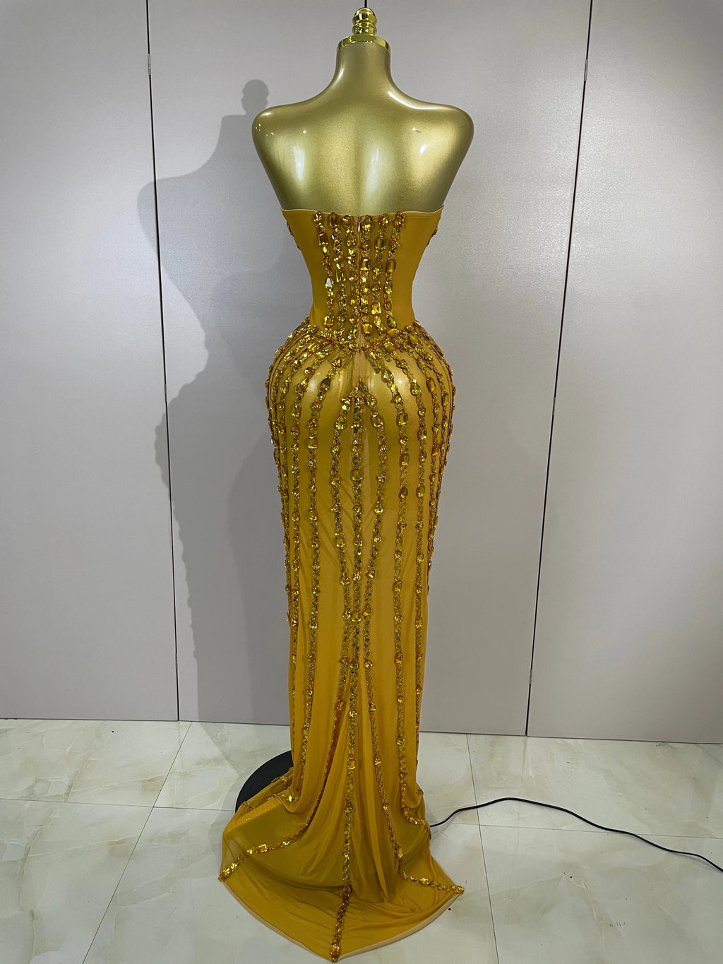 Elegant Gold Strapless Rhinestone Sheer Long Dress – Sexy Evening & Stagewear