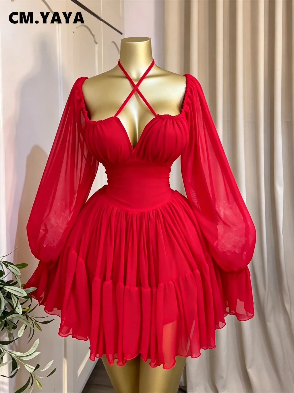 Halter Mesh Flare Sleeve Mini Dress