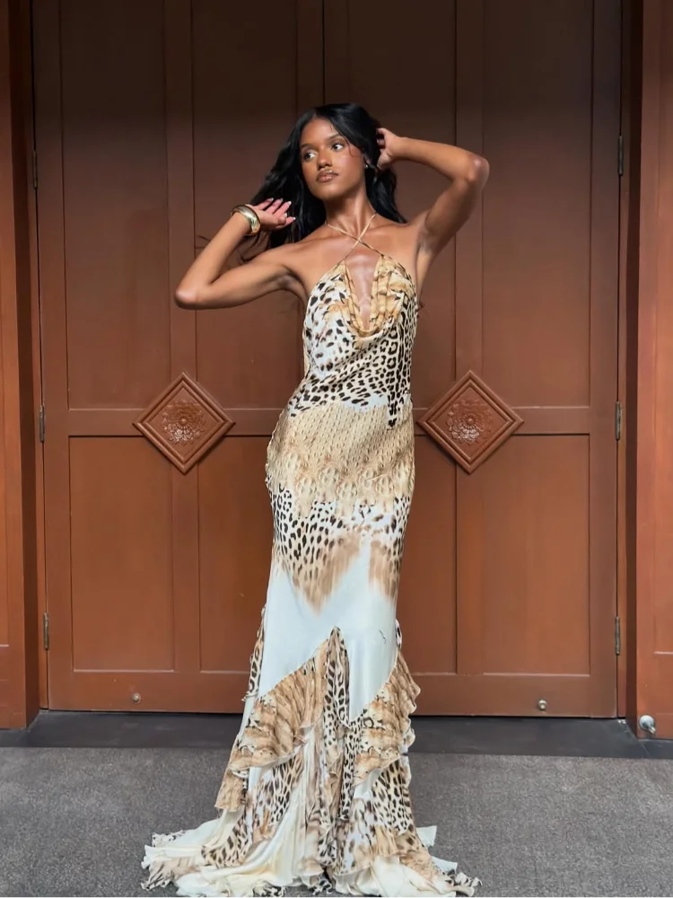Leopard Print Halter Mermaid Maxi Dress