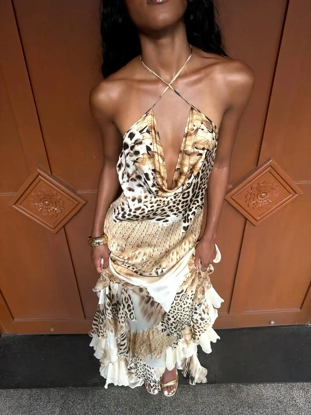 Leopard Print Halter Mermaid Maxi Dress