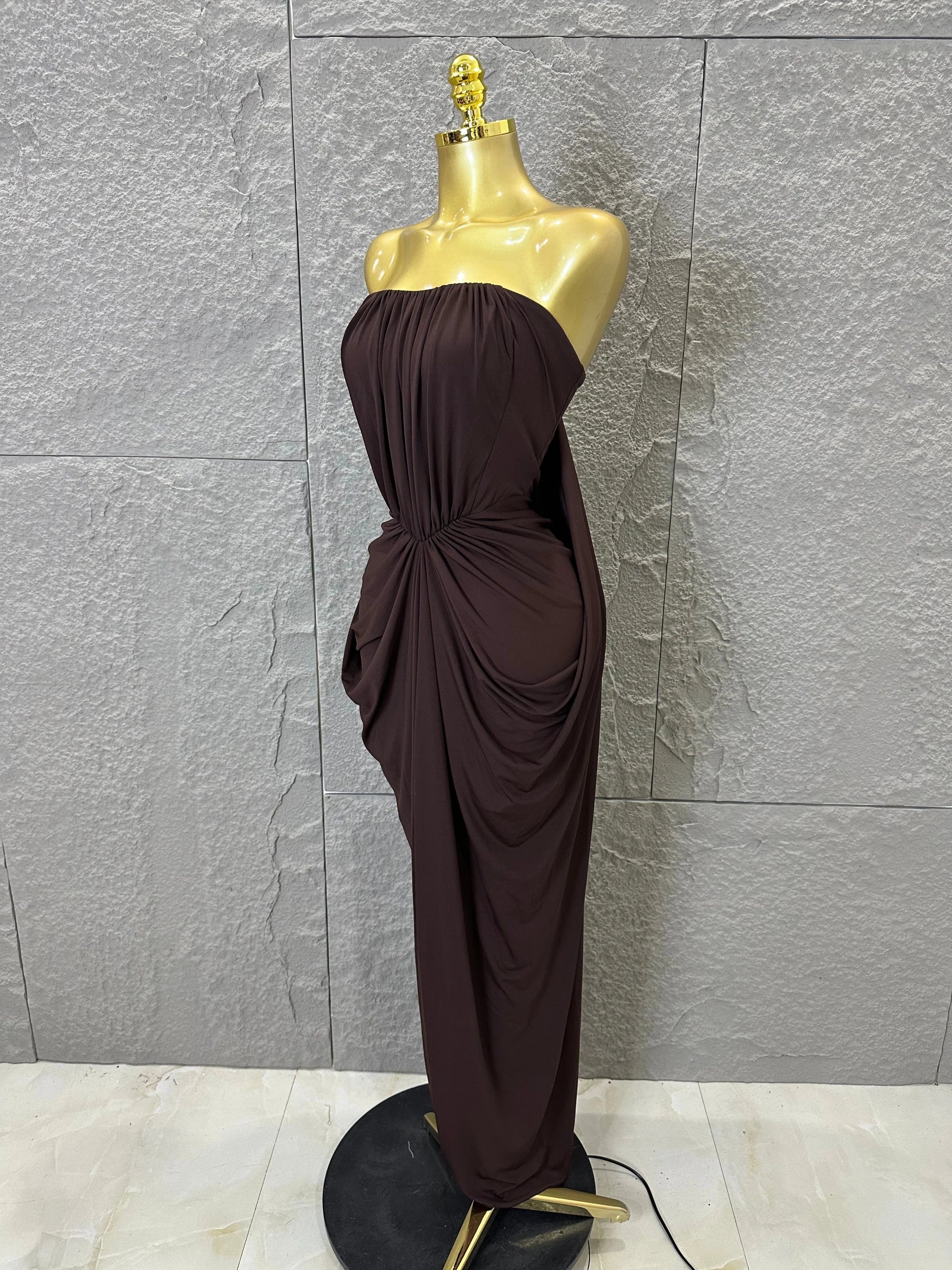 Elegant Brown Strapless Ruched Maxi Dress