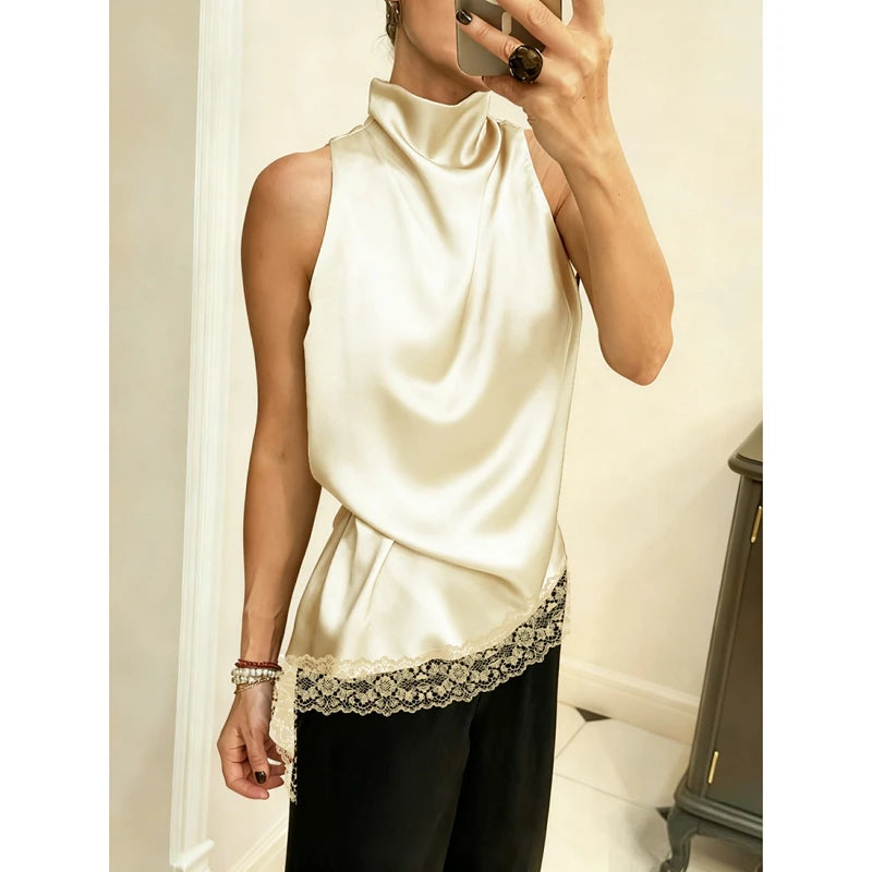 Lace Trim Satin High Low Vest Top
