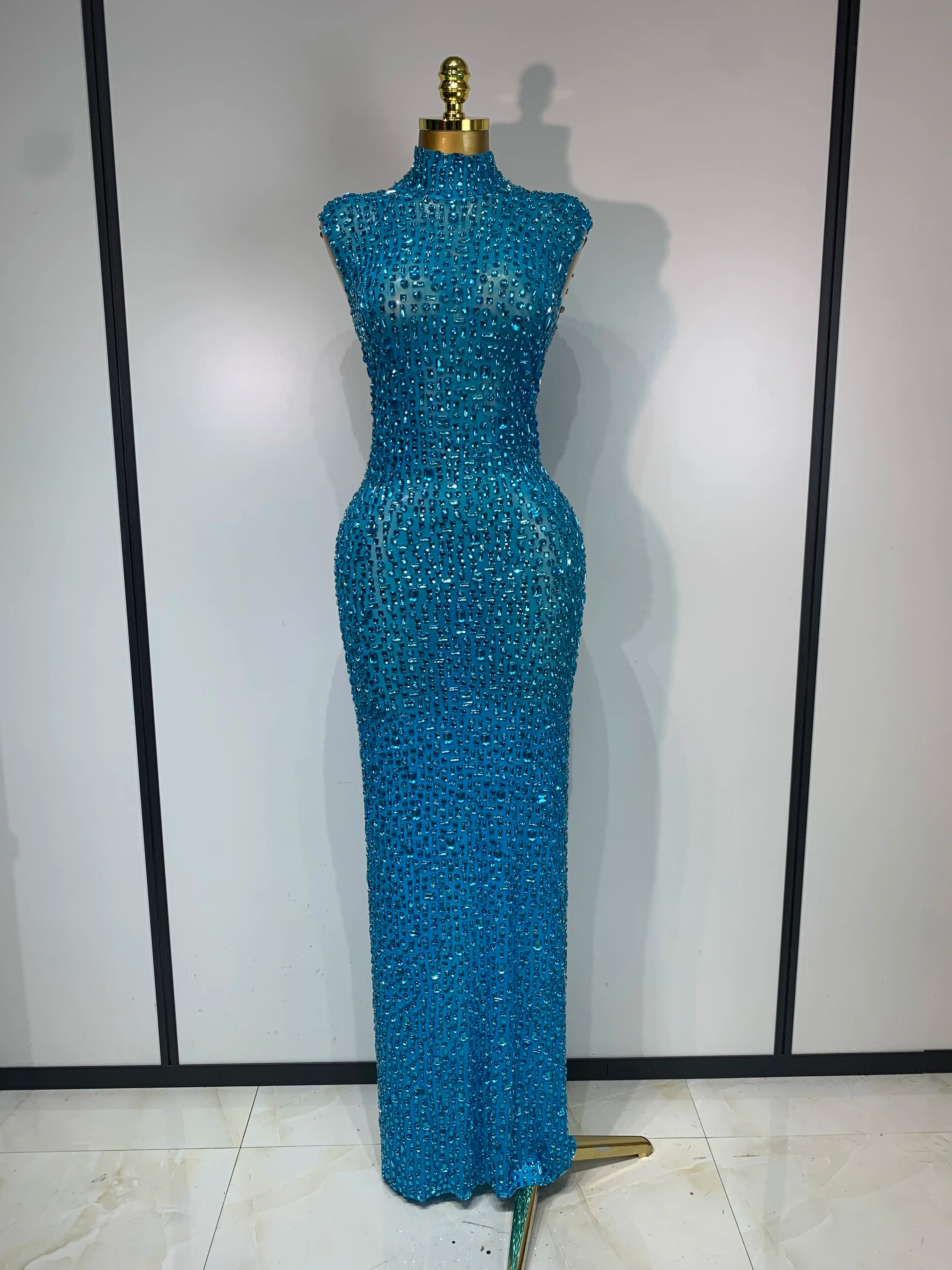 Sparkly Gold Rhinestone Sleeveless Mesh Long Dress