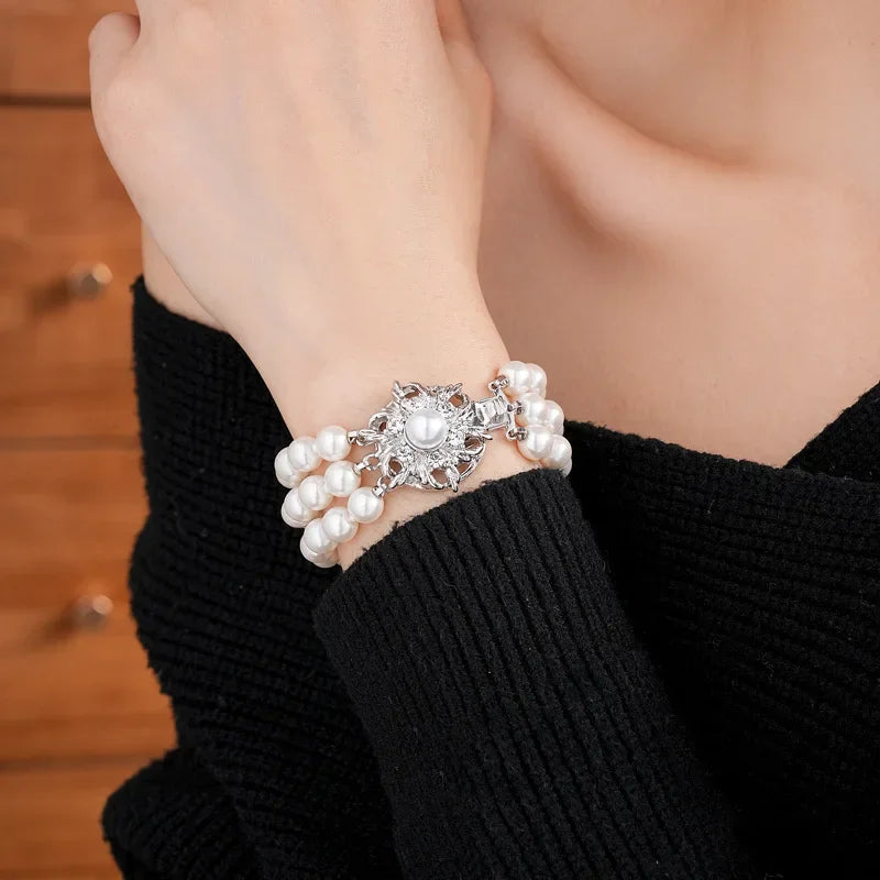 French Style Pearl & Flower Bracelet Set