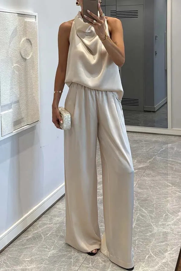Elegant Sleeveless Satin Trousers Set