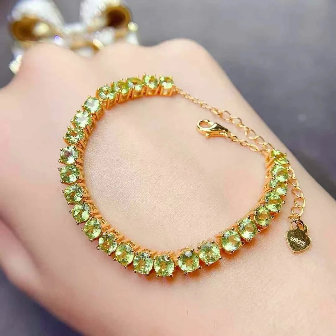 Classic 925 Silver Gemstone Bracelet 26 Pieces 4mm Natural Peridot Bracelet 18K Gold Plated Peridot Silver Jewelry