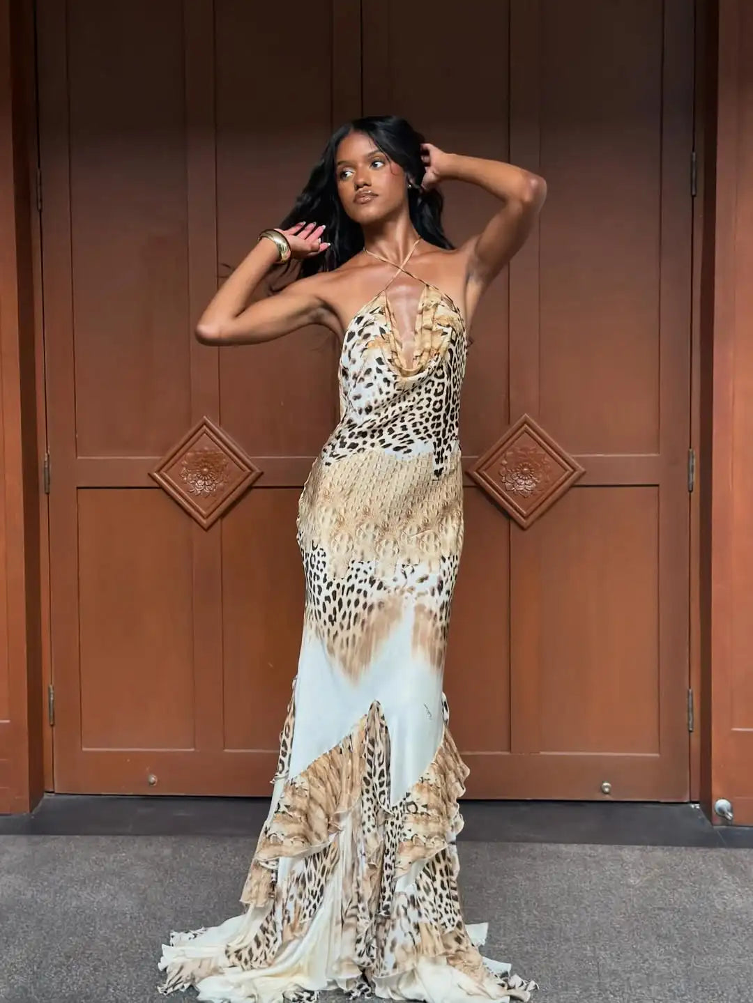 Leopard Print Halter Mermaid Maxi Dress