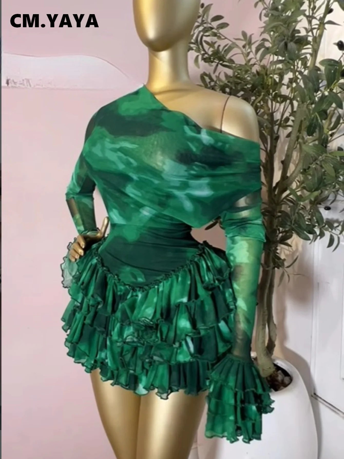 Tie-Dye Pile Neck Ruffle Mini Dress