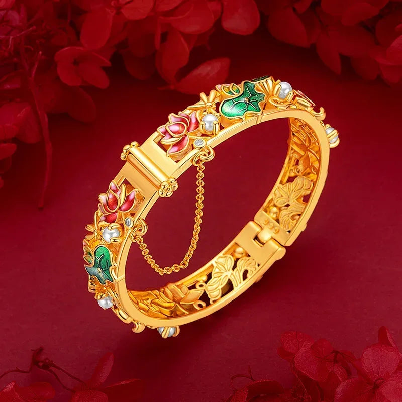 18K Gold Antique Enamel Orchid Bracelet