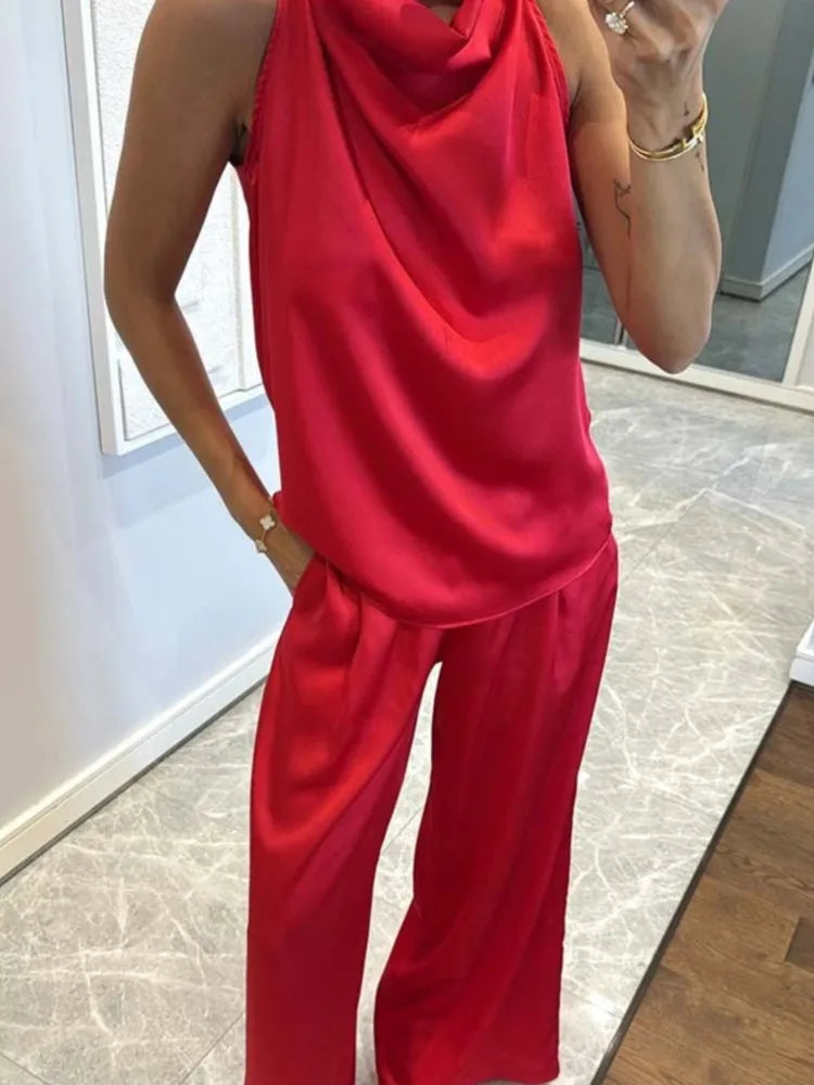 Elegant Sleeveless Satin Trousers Set