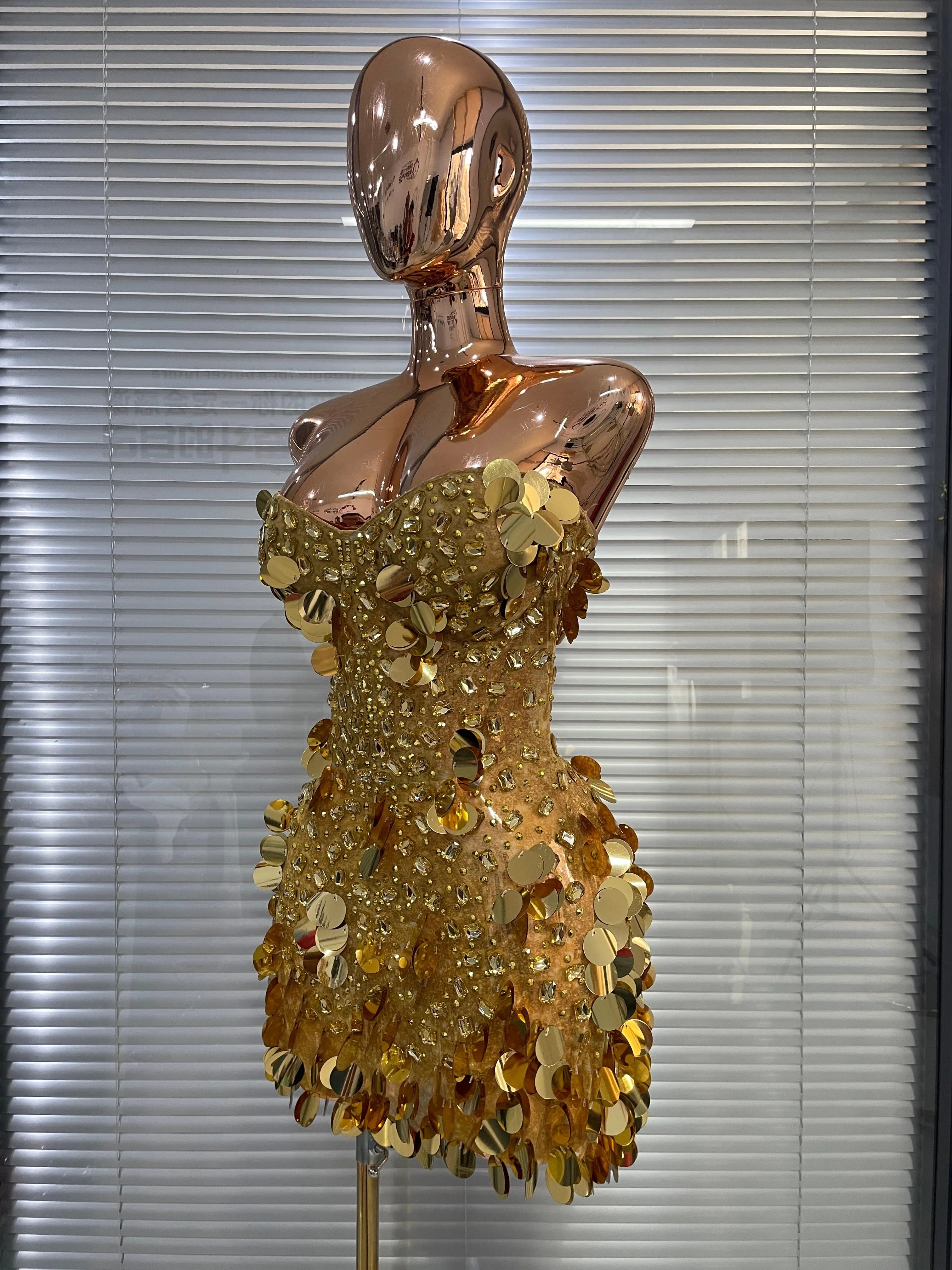 Women’s Gold Glitter Rhinestone Corset Mini Dress – Sexy Party & Showwear