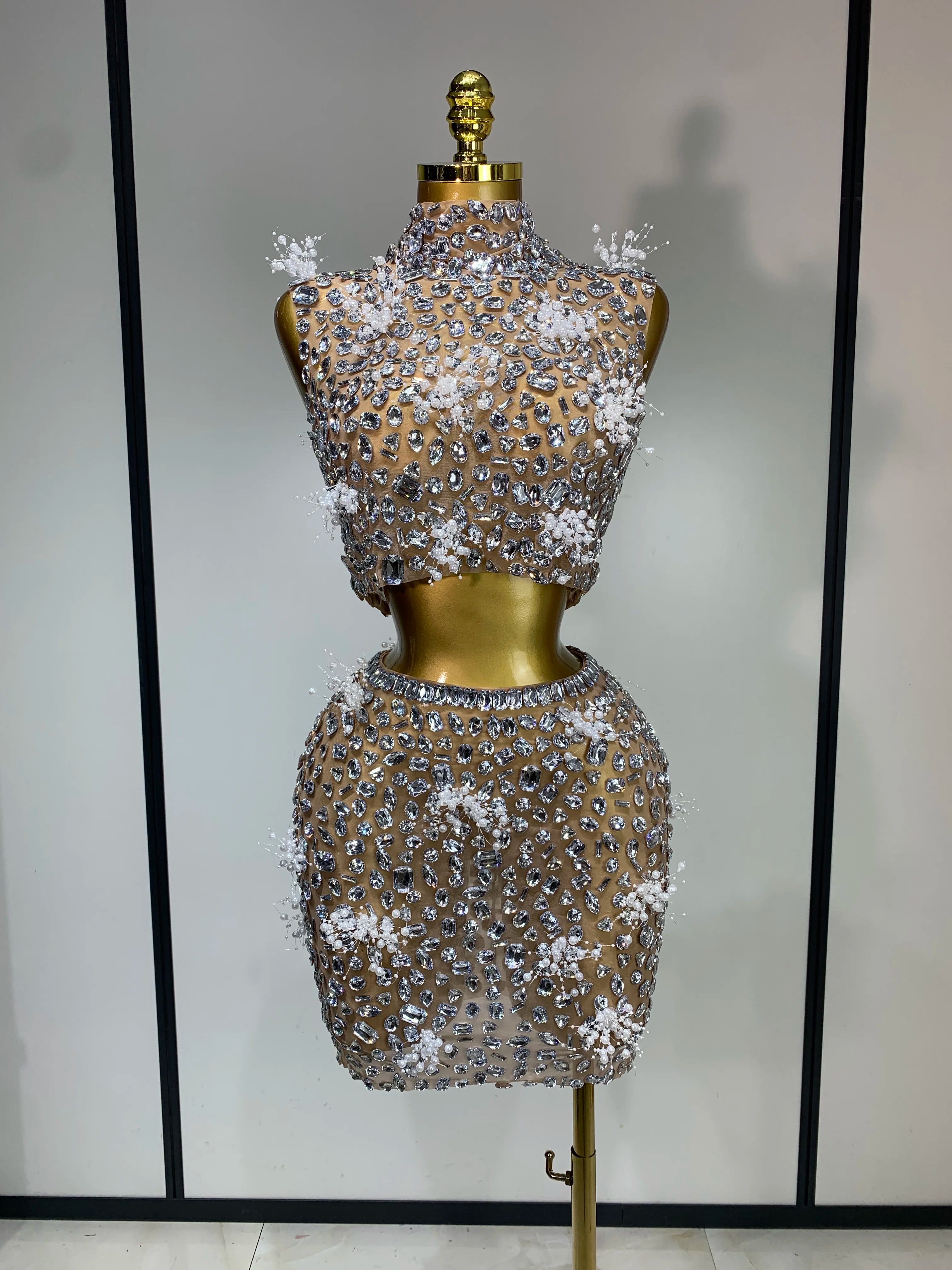 Sparkly Rhinestone Backless Top & Skirt Set