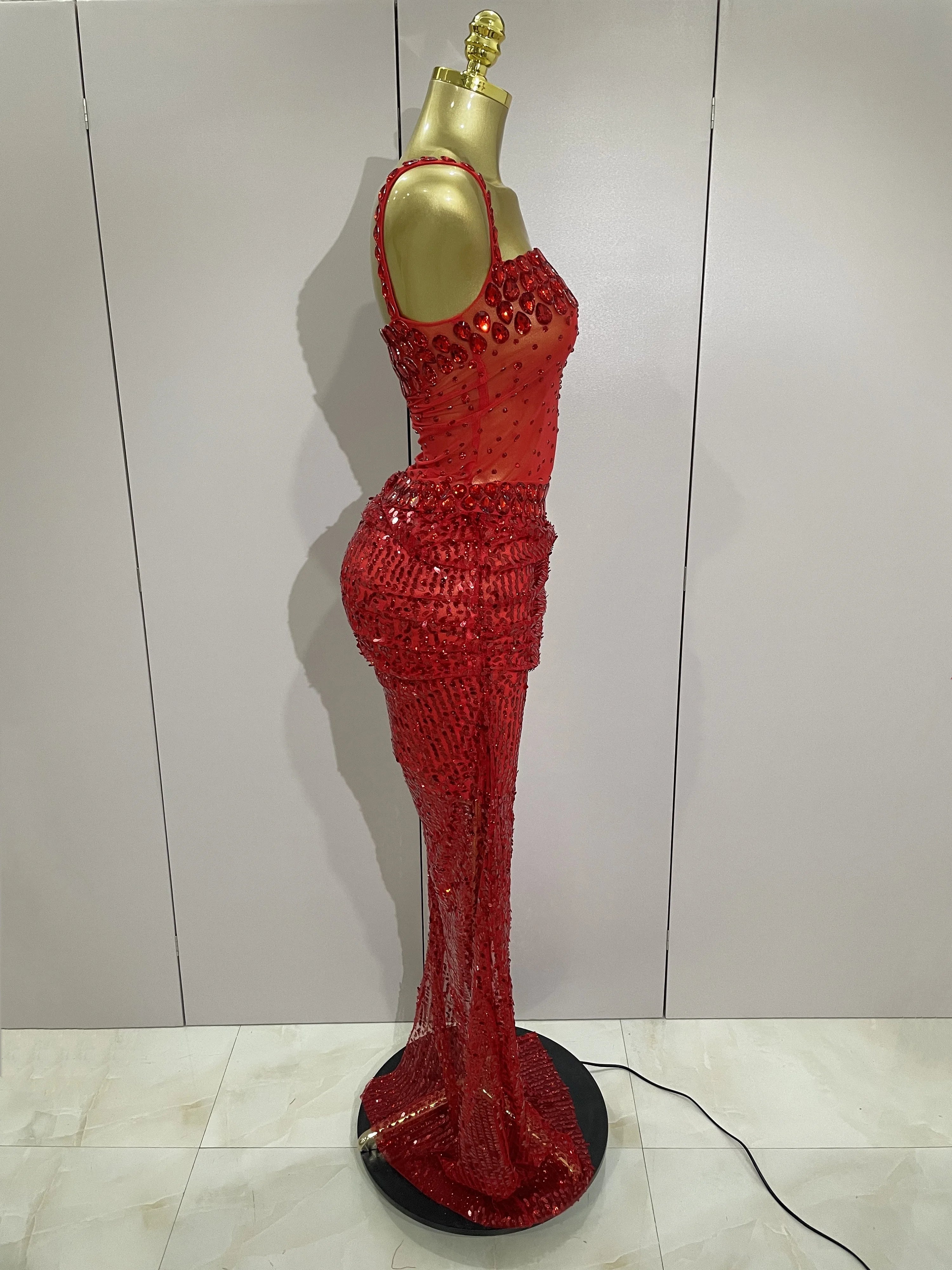 Sparkly Red Rhinestone & Sequin 2-Piece Sheer Long Dress – Women’s Party & Stagewear
