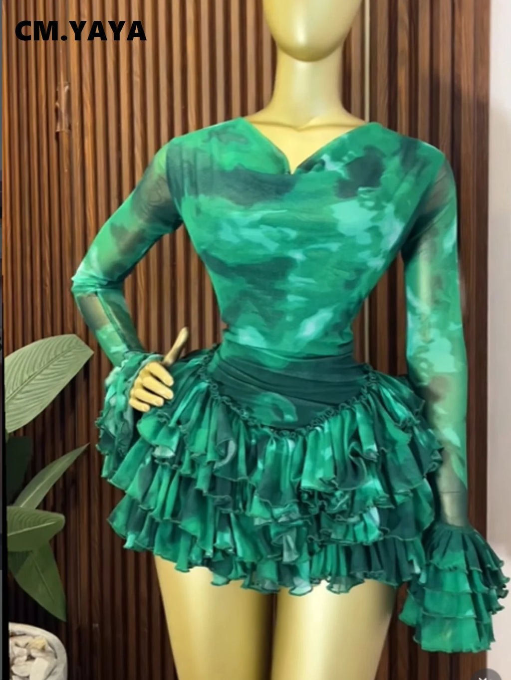 Tie-Dye Pile Neck Ruffle Mini Dress