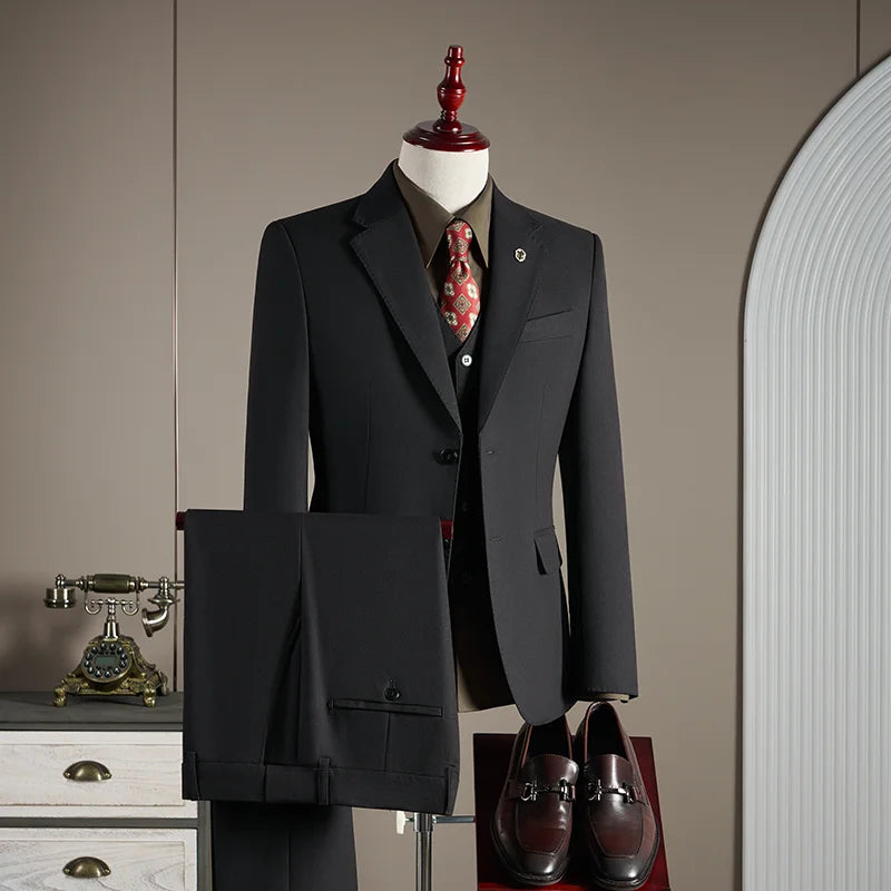 Men’s High-End Wool Blend Suit – British-Style 3-Piece Gray-Blue Wedding Suit