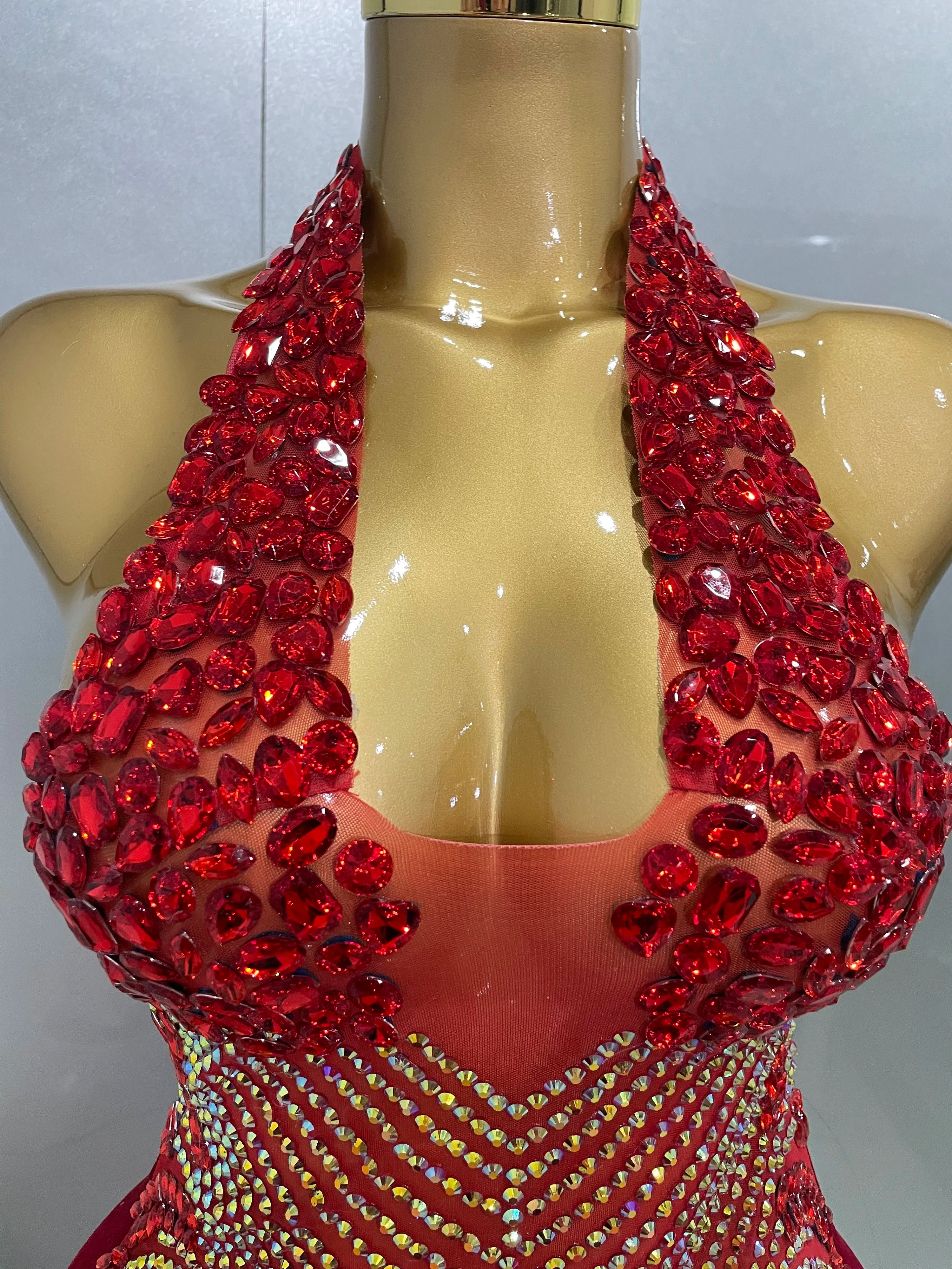 Sexy Red Rhinestone Halter Backless Velour Mini Dress – Women’s Party & Stagewear