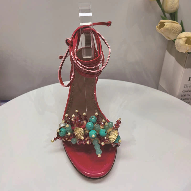 Starfish & Pearl Beaded Lace-Up Sandals