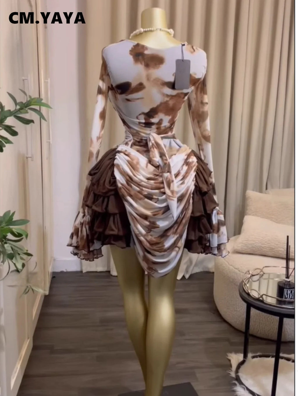 Tie-Dye Bell Sleeve Cascading Ruffle Dress