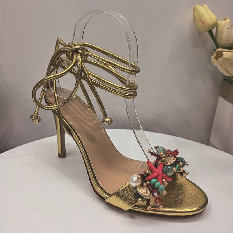 Starfish & Pearl Beaded Lace-Up Sandals