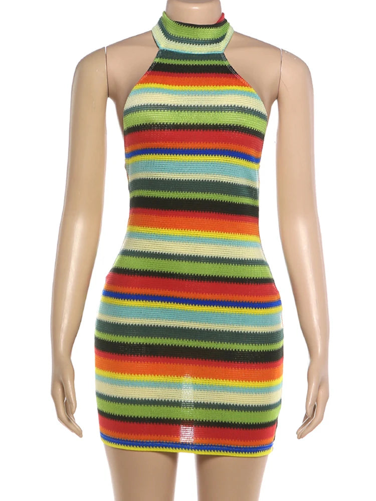 Stripe Patchwork Halter Mini Dress