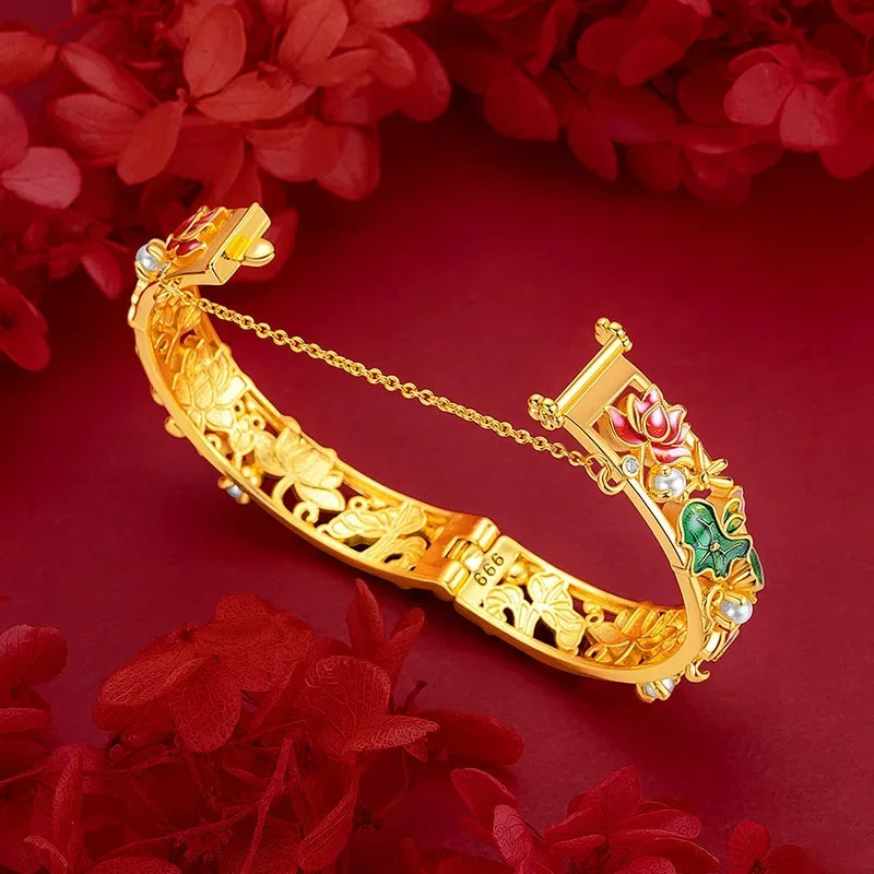 18K Gold Antique Enamel Orchid Bracelet