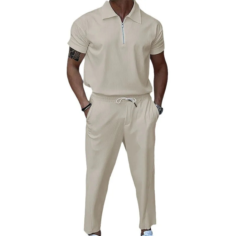 Solid Lapel Short Sleeve Zipper Suit