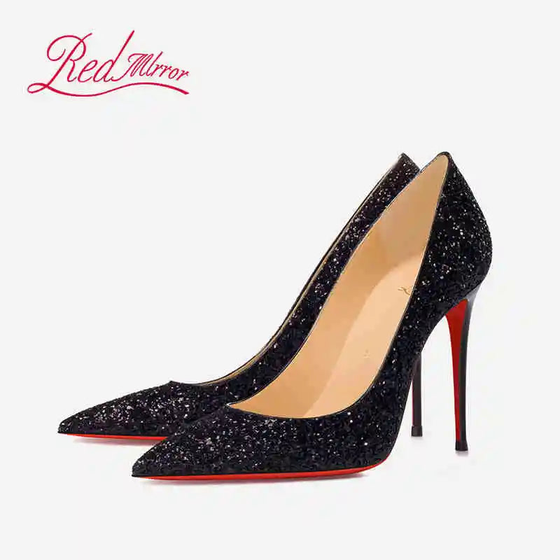 Black Pointed Heels with Red Shiny Bottoms