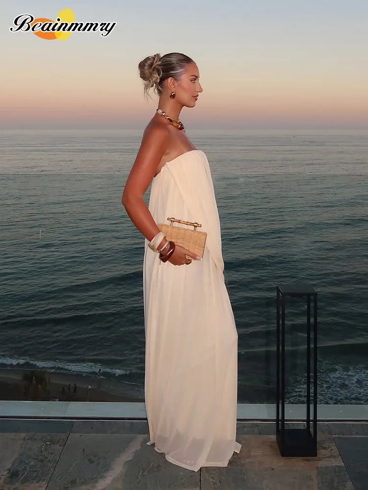 Elegant Yellow Strapless Pleated Maxi Dress