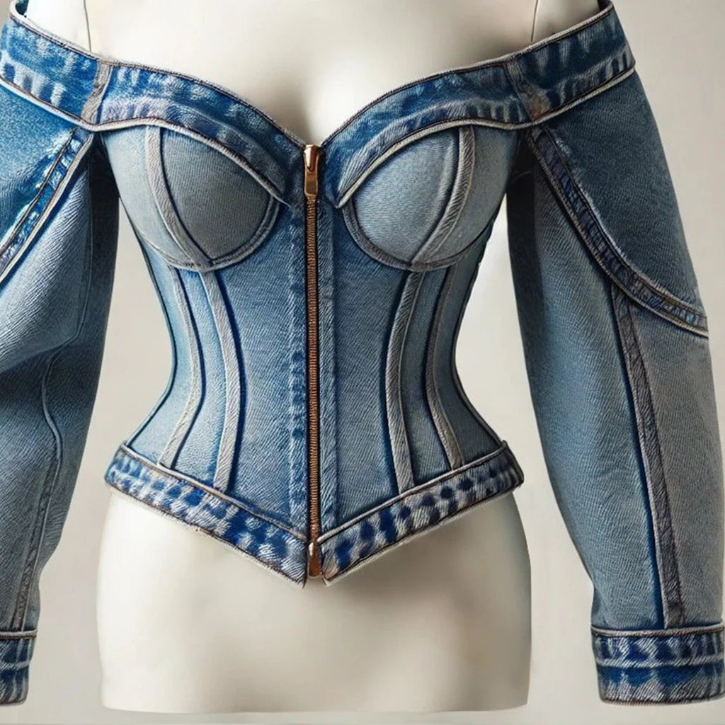 Goth Y2K Off-Shoulder Denim Top – Slim-Fit Zip-Up Long-Sleeve Blouse