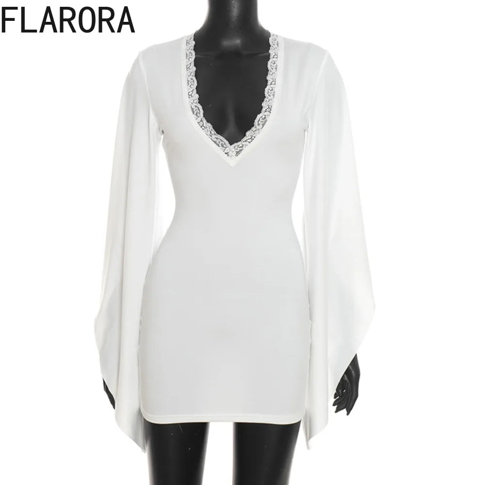 Elegant V-Neck Lace Flare Sleeve Mini Dress