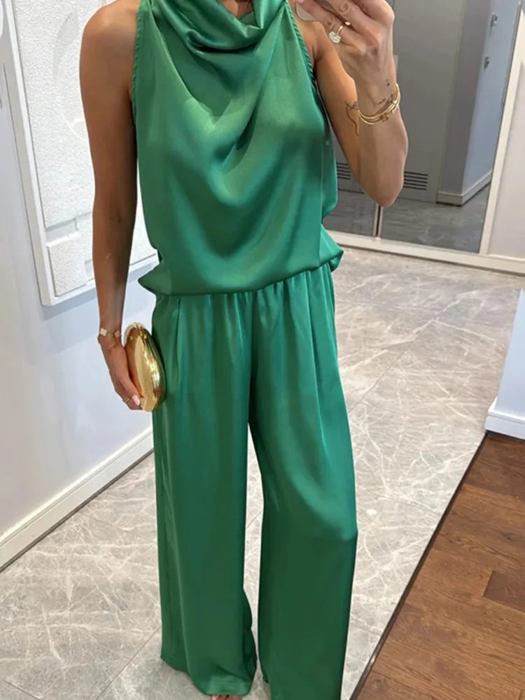 Elegant Sleeveless Satin Trousers Set
