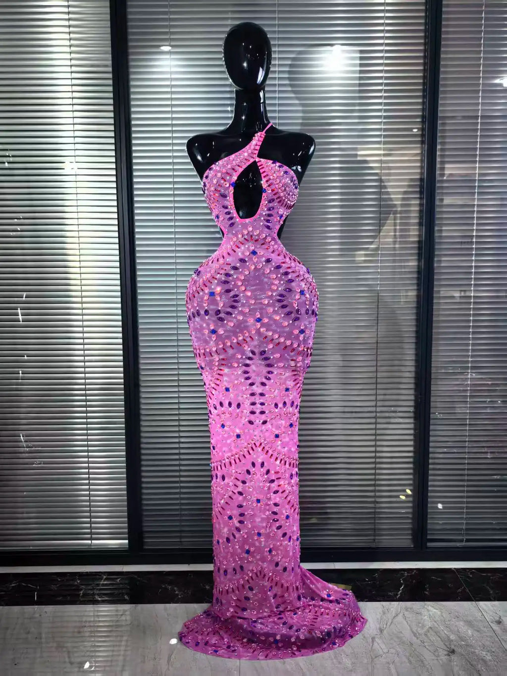 Pink Halter Backless Mesh Mermaid Dress