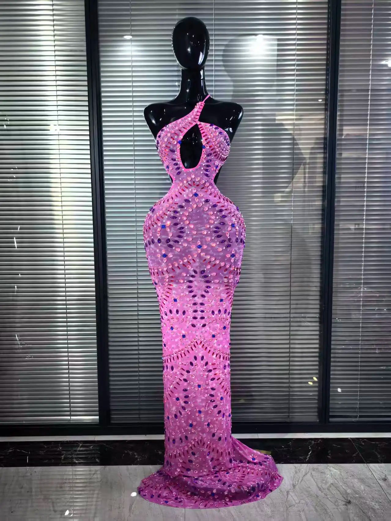 Pink Halter Backless Mesh Mermaid Dress