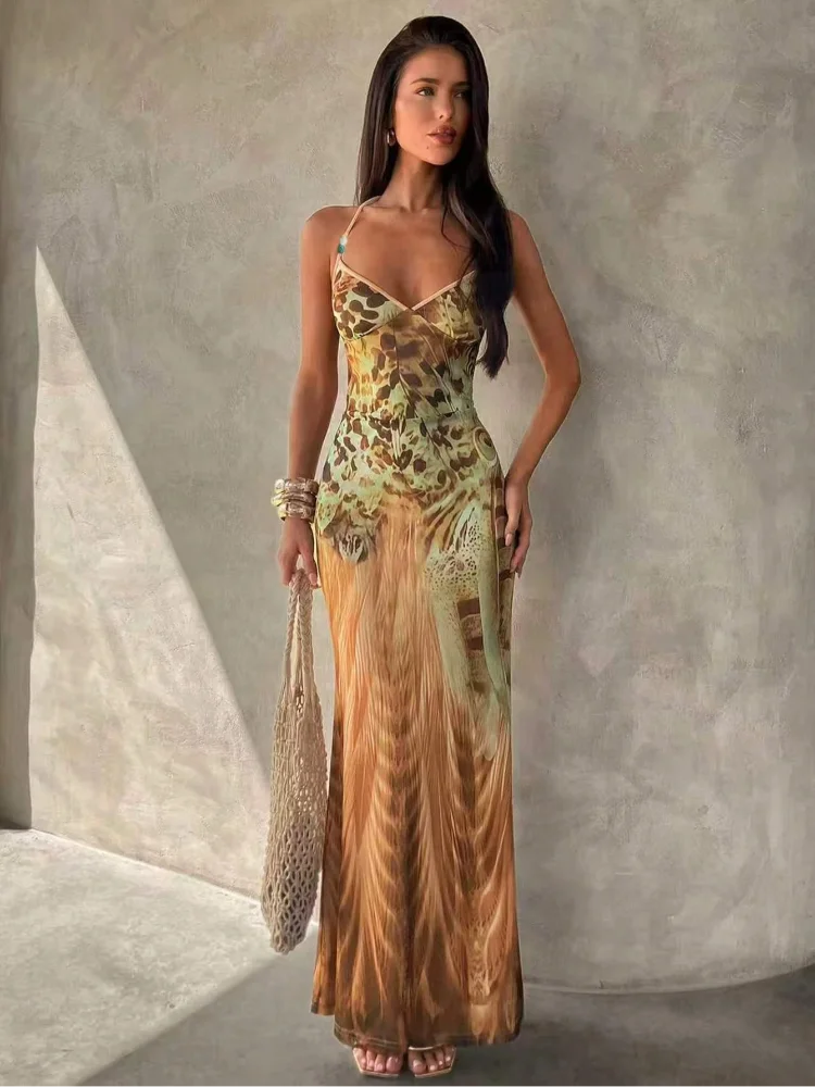Leopard Print Halter Mermaid Maxi Dress