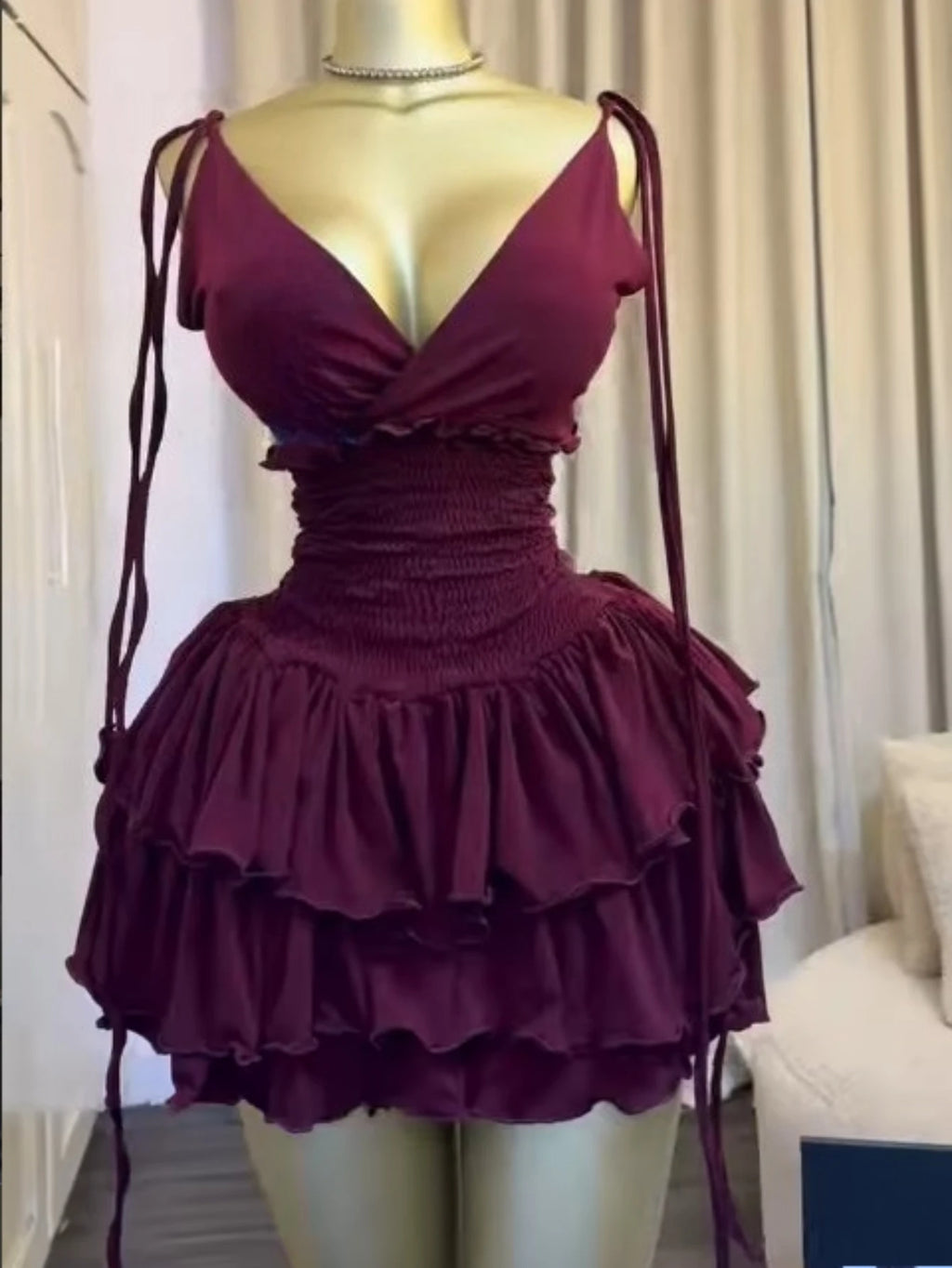 V-Neck Ruched Tiered Ruffle Mini Dress