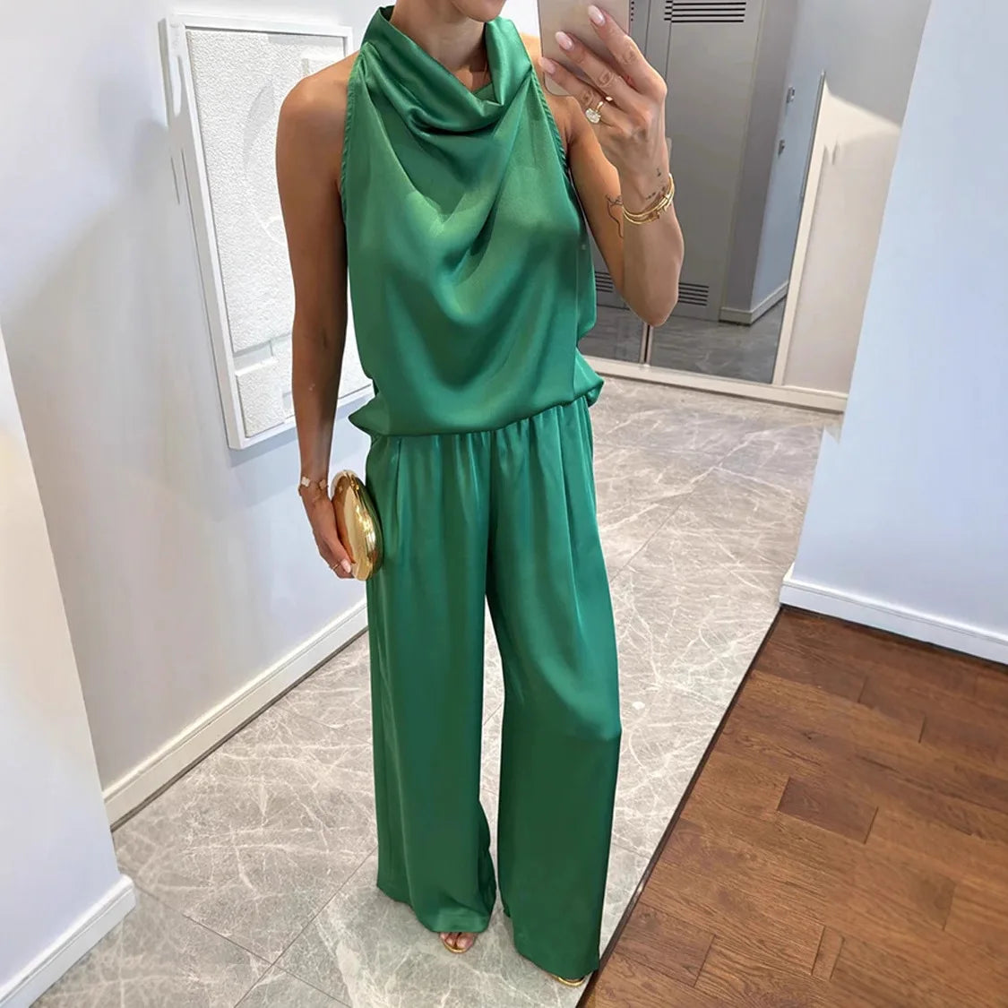Elegant Sleeveless Satin Trousers Set