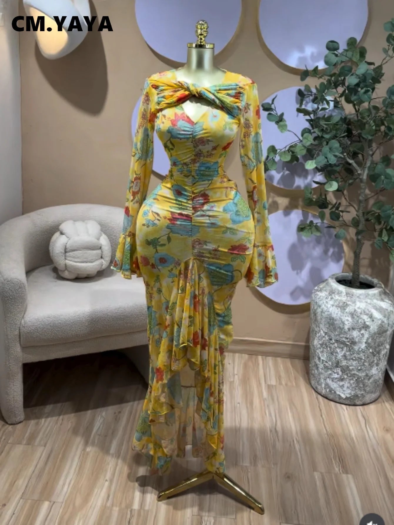 Tie-Dye V-Neck Flare Sleeve Mesh Dress