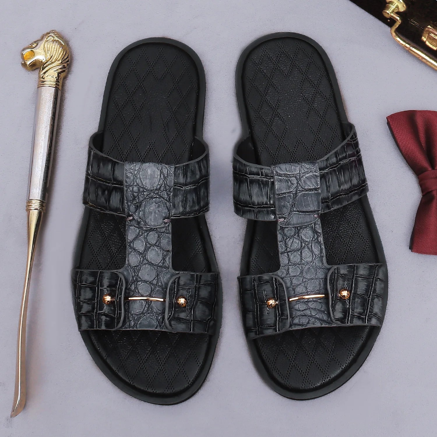 Premium Men’s Leather Slide Sandals – Croc Print