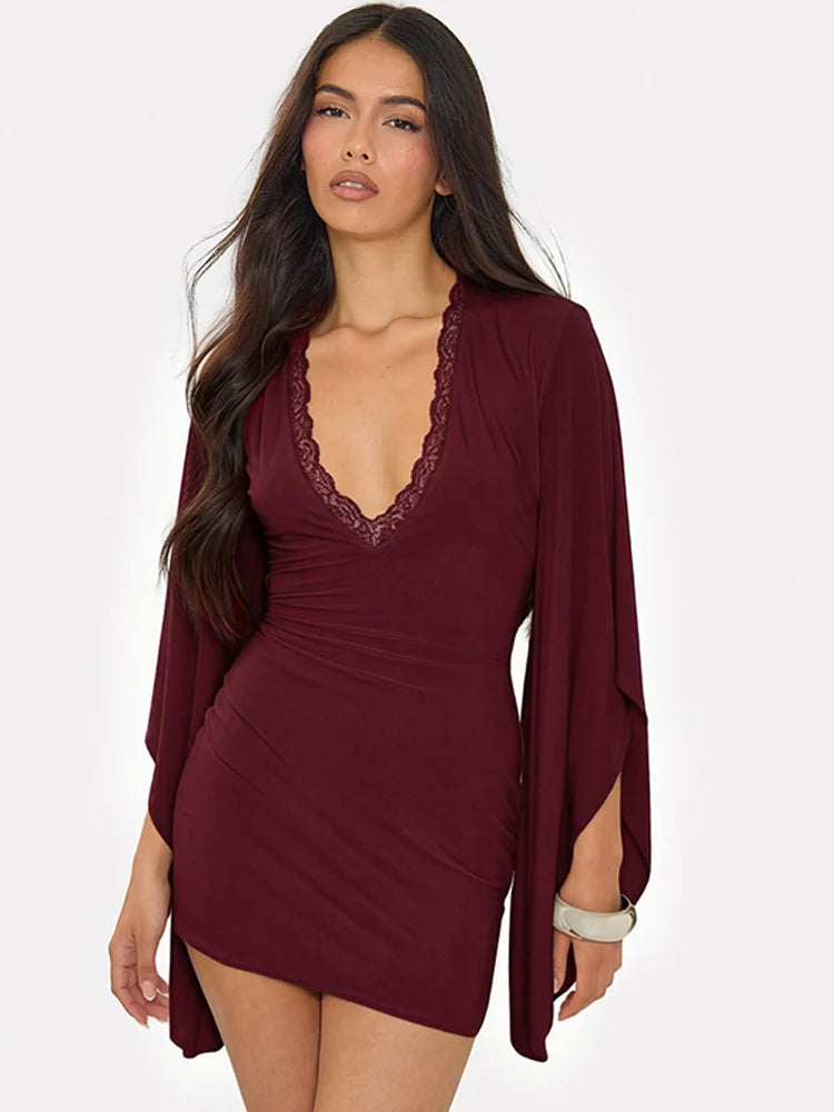 Sexy Deep V-Neck Lace Mini Dress