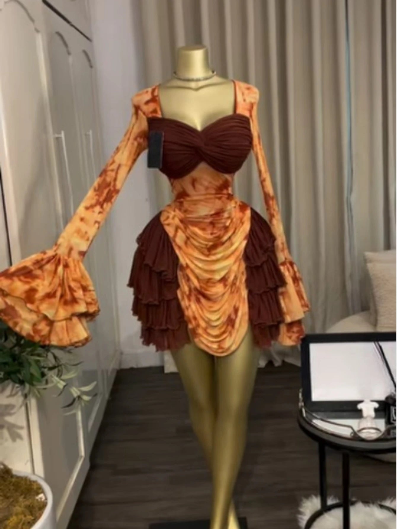 Tie-Dye Bell Sleeve Cascading Ruffle Dress