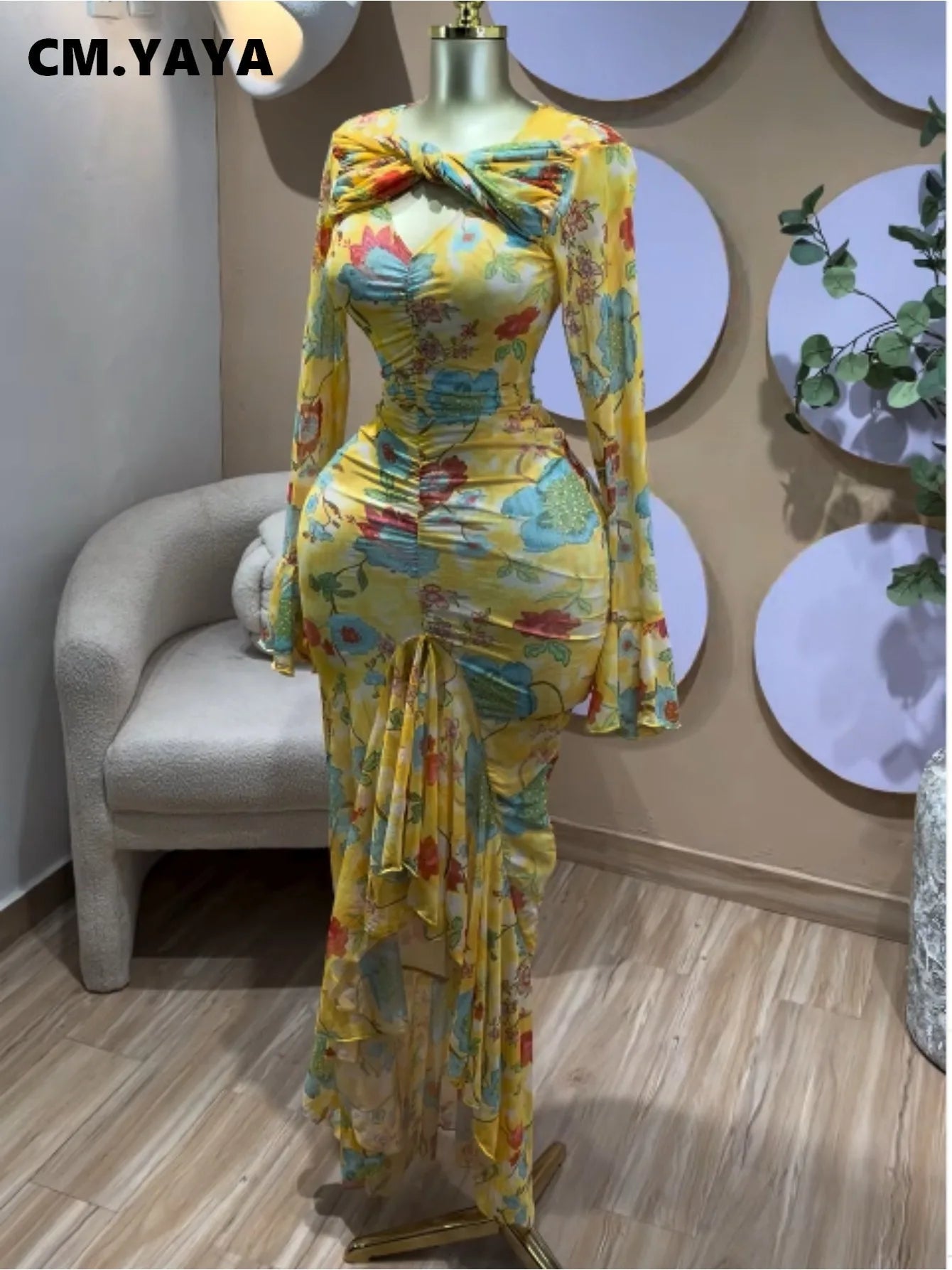 Tie-Dye V-Neck Flare Sleeve Mesh Dress